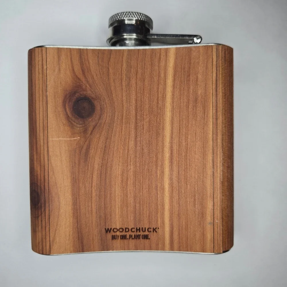 WOODCHUCK Niman Ranch Wood Wrapped Flask Stainless Steel 6 oz Laser Engraved EUC